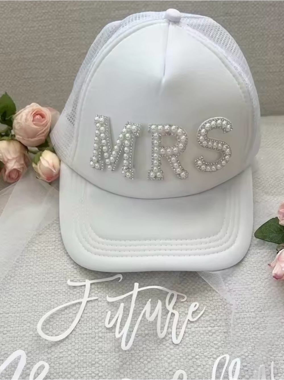 New MRS Embellished White Bridal Trucker Cap